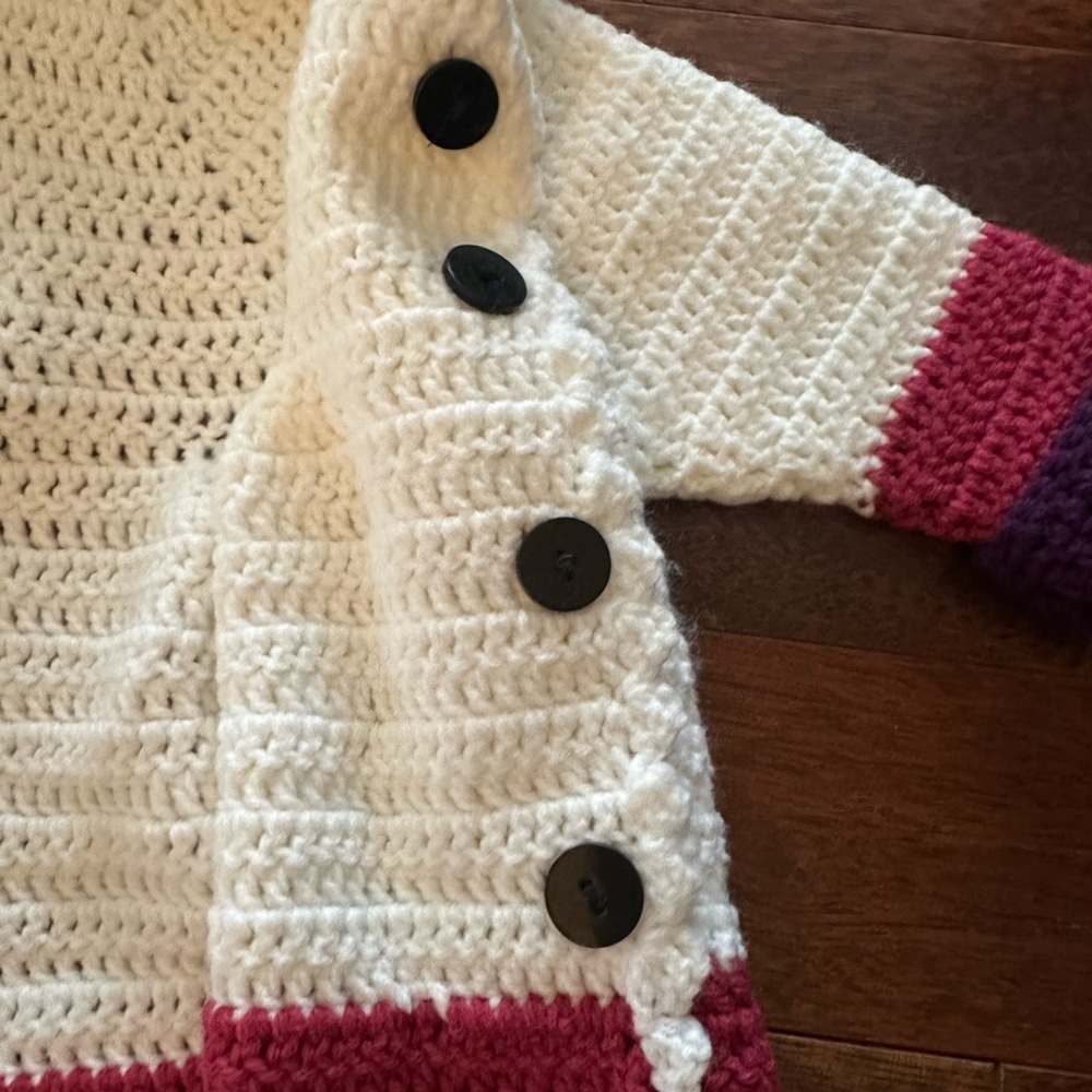 SOLD ON X-POST Adorable White and Purple Crochet Baby Cardigan - Picture 5 of 8